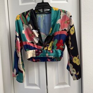 Zara Multicolor Floral V-Neck Cropped Wrap Blouse